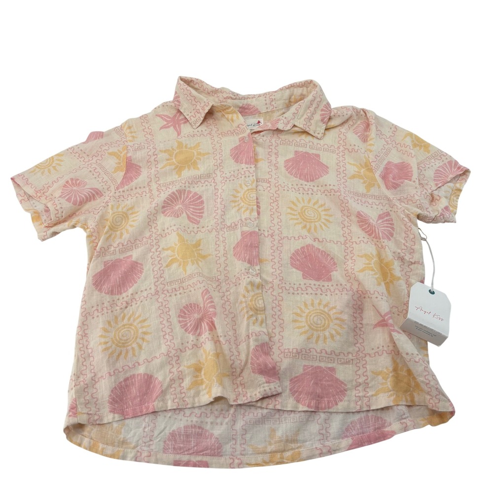 Angel Kiss Linen Blend Coastal Stamp Print Shirt Pink Yellow Shells Sun Large